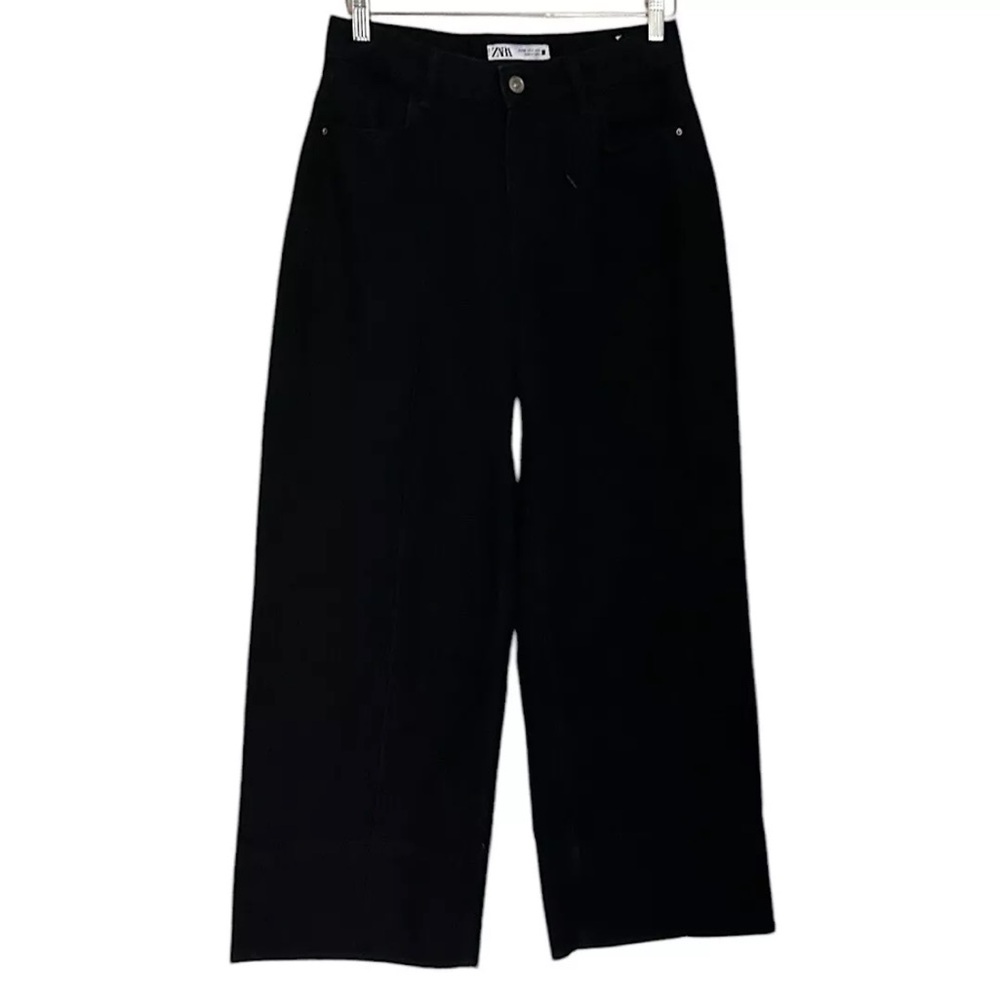 Zara Women’s Size 4 Wide Leg Pants Black Cropped High-Rise Casual Cotton